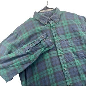 Lands End Shirt Mens L Blue Green Plaid Long Sleeve Pocket Cotton Flannel